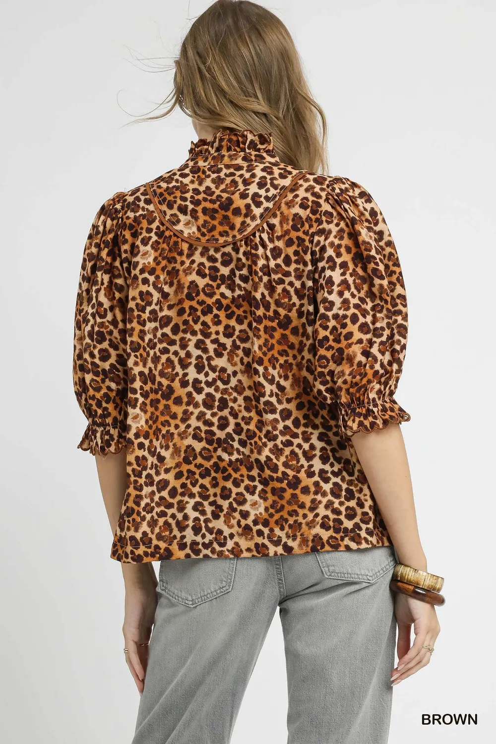 Full Size Leopard Print Ruffle Neck Blouse Plus Size, image 5