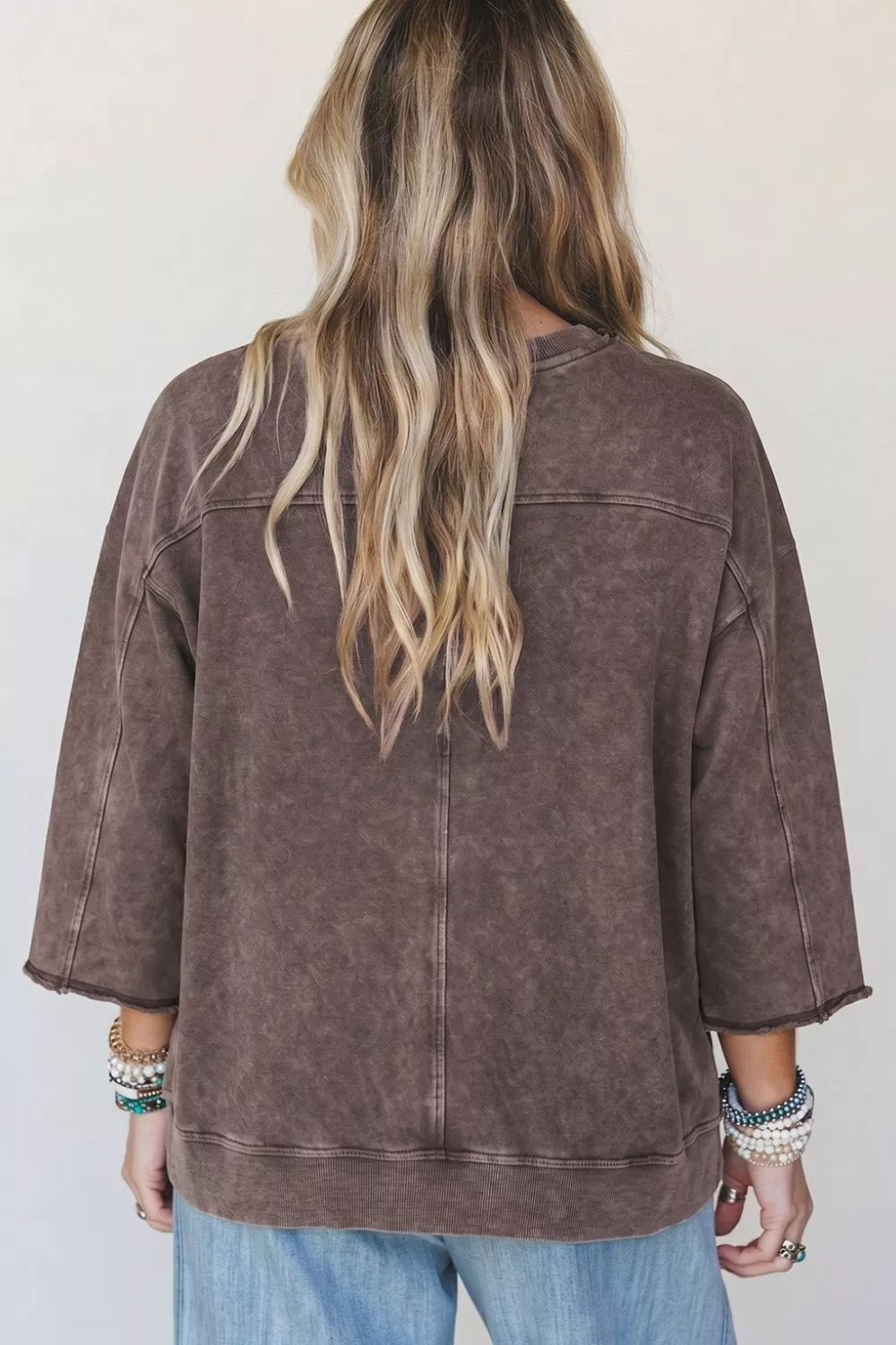 3/4 Sleeve Mineral Wash Loose Cotton Top, image 3