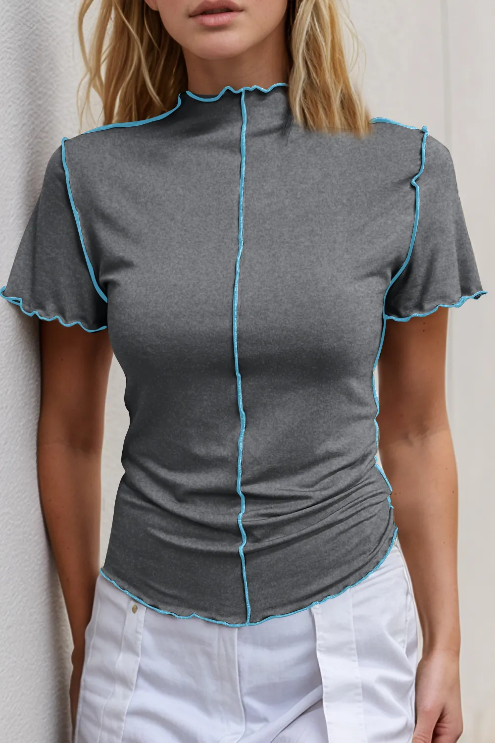 Contrast Trim Mock Neck Short Sleeve T-Shirt, image 8