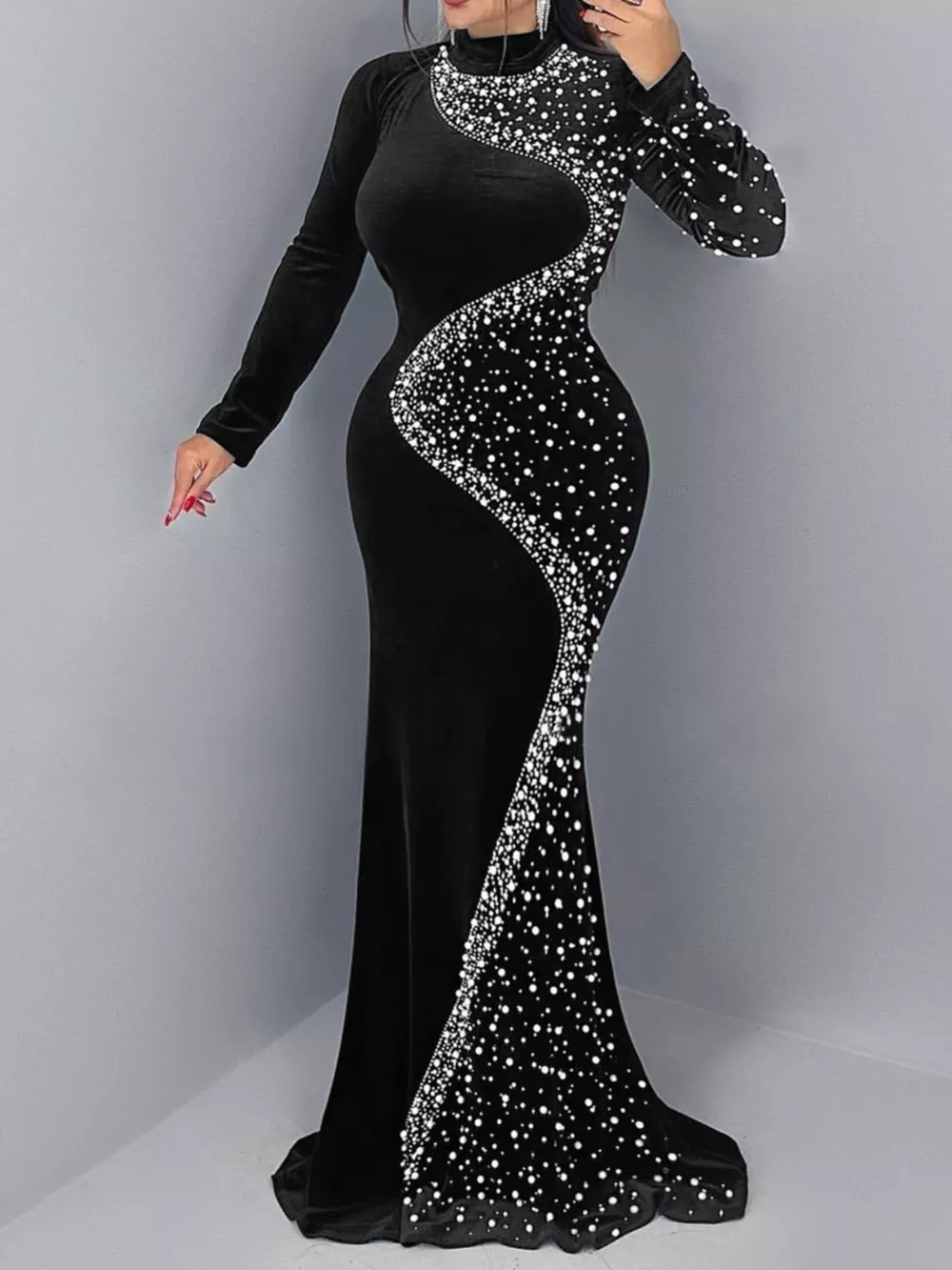 Rhinestone Embellished Velvet Mermaid Evening Maxi Dress