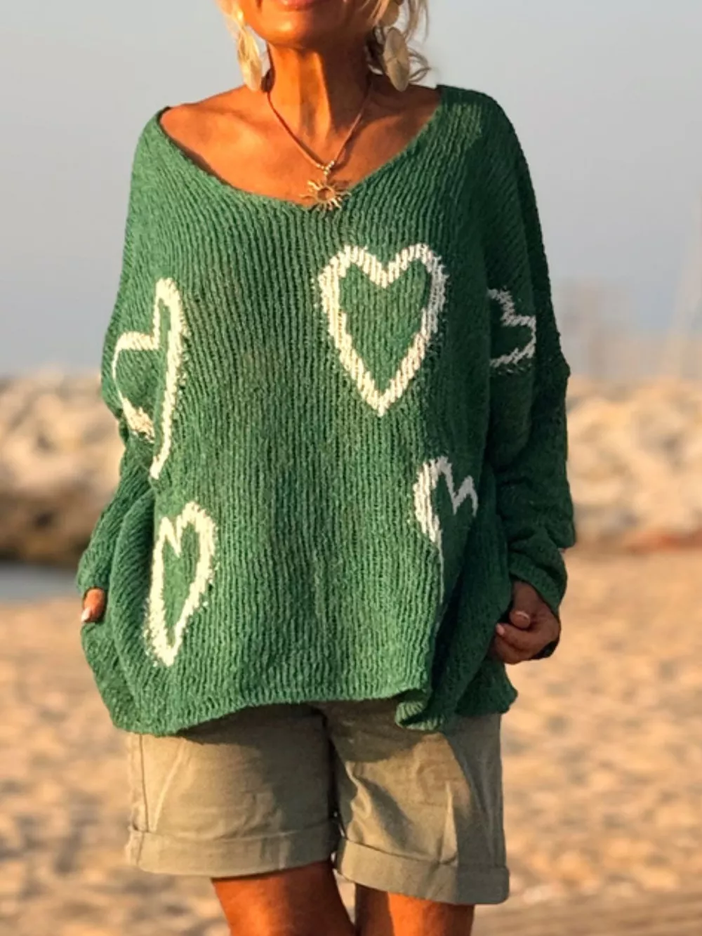 Heart V-Neck Dropped Shoulder Sweater, image 3