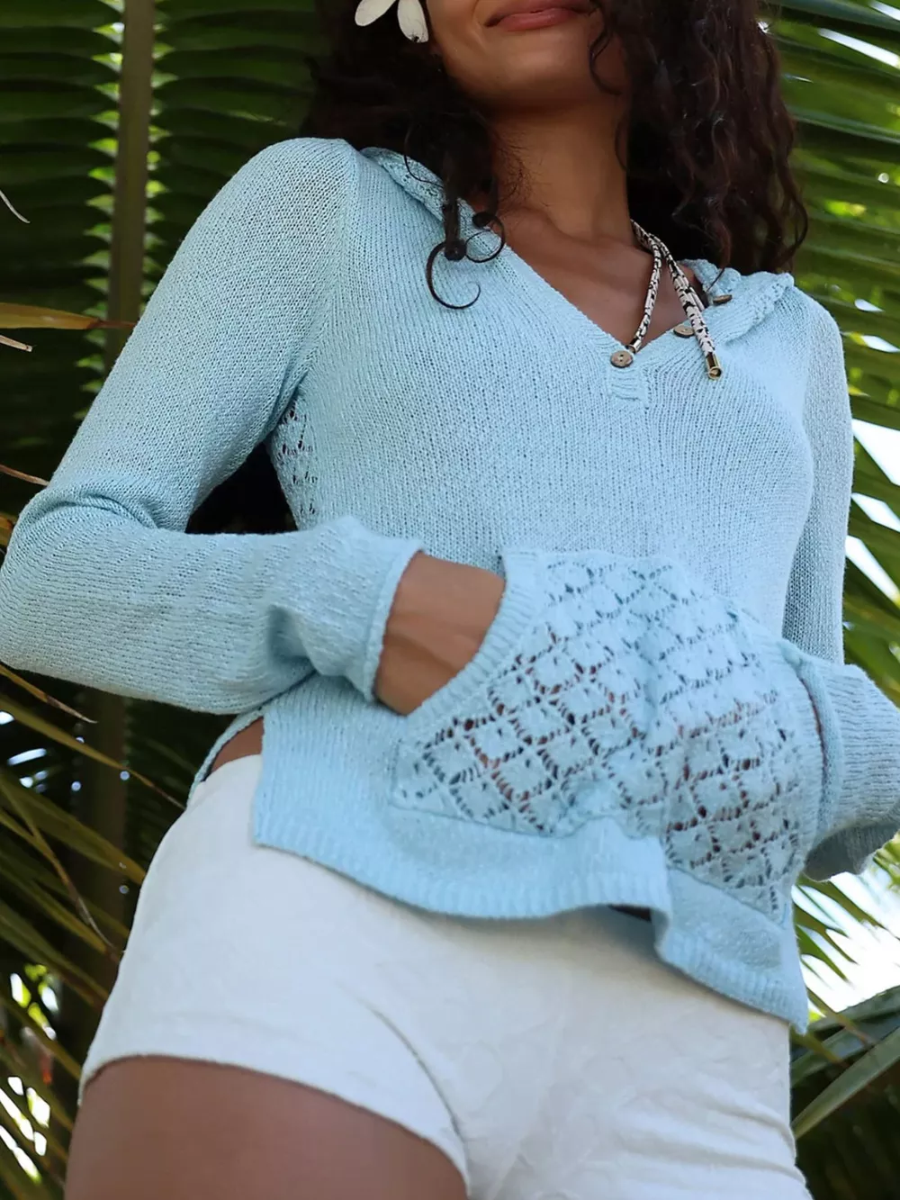Crochet Detail Hooded Knit Top, image 3