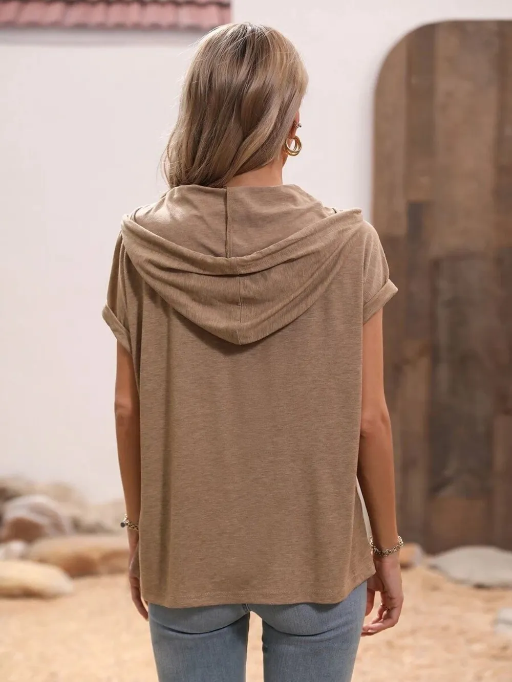 Half Button Hooded Short Sleeve Blouse, image 4