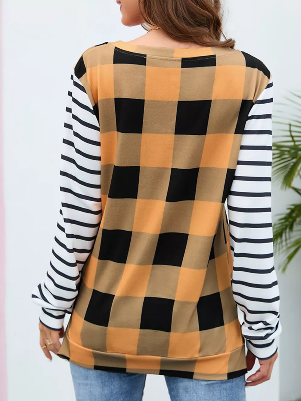 Plaid and Stripe Contrast Long Sleeve T-Shirt, image 7