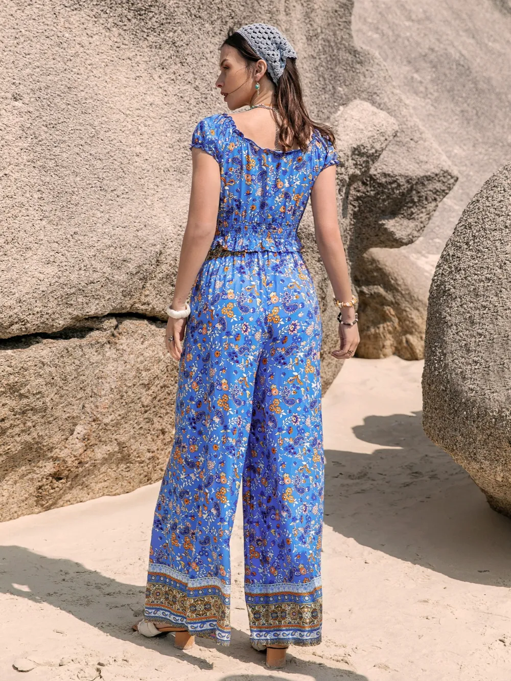 Printed V-Neck Top and Pants Set, image 2