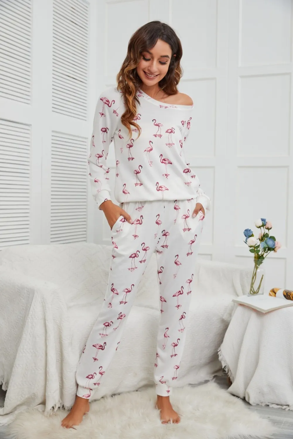Flamingo Long Sleeve Top and Pants Lounge Set, image 2