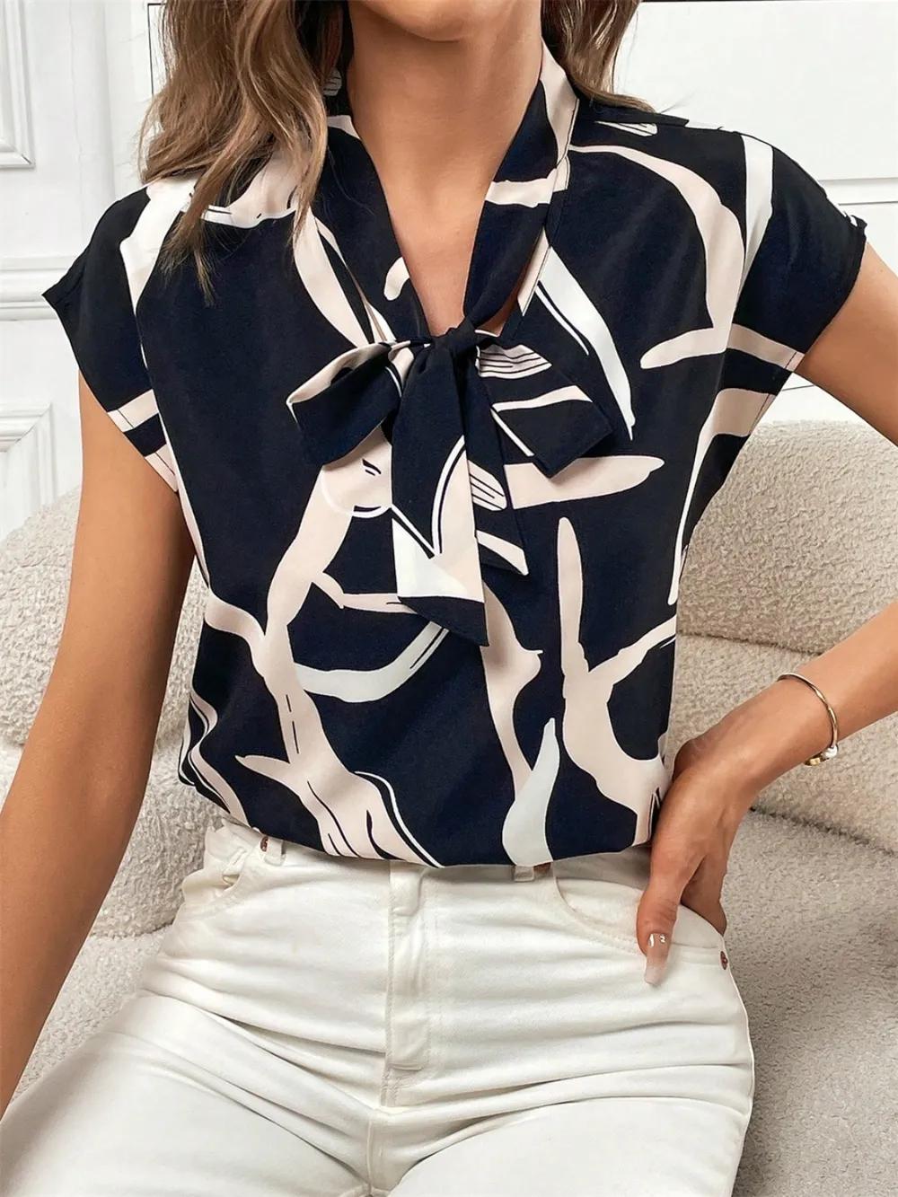 Printed Tie Neck Cap Sleeve Blouse, image 3