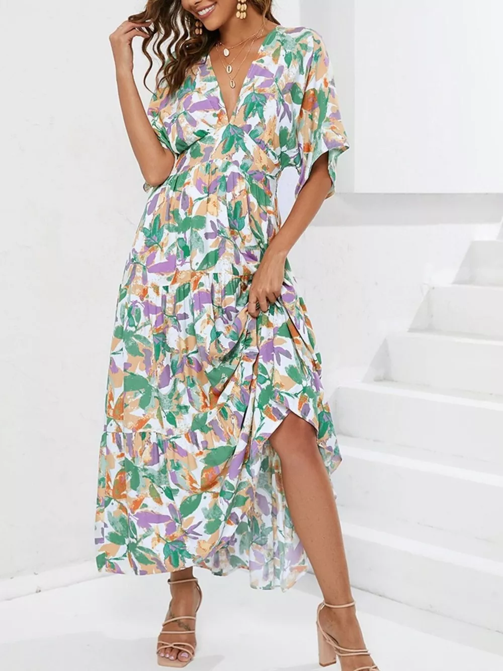 Printed V-Neck Ruffle Hem Flowy Midi Dress, image 2