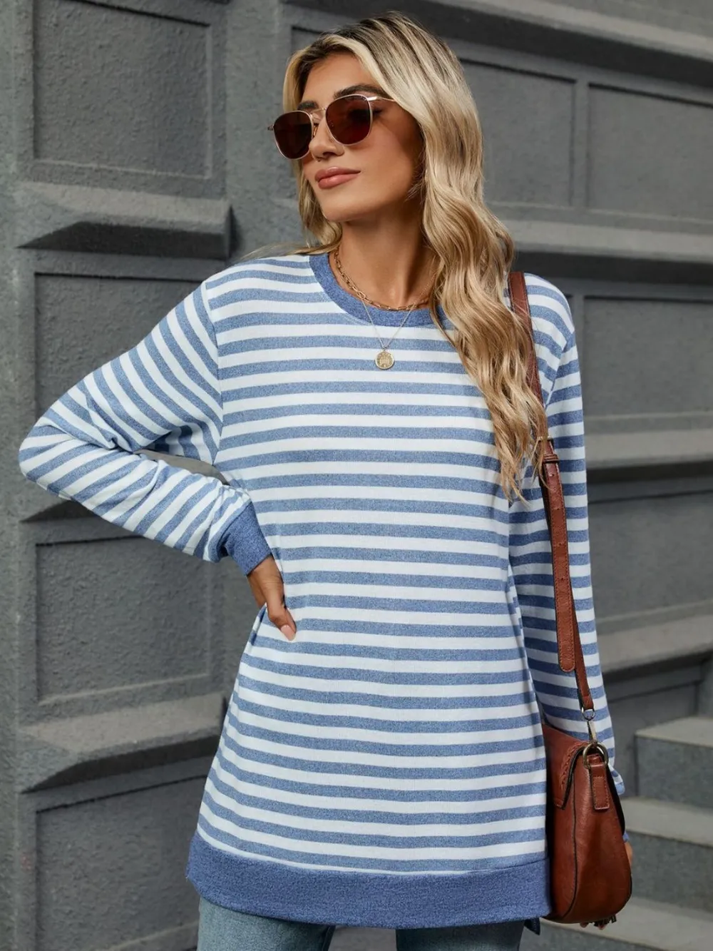 Striped Round Neck Long Sleeve T-Shirt, image 3