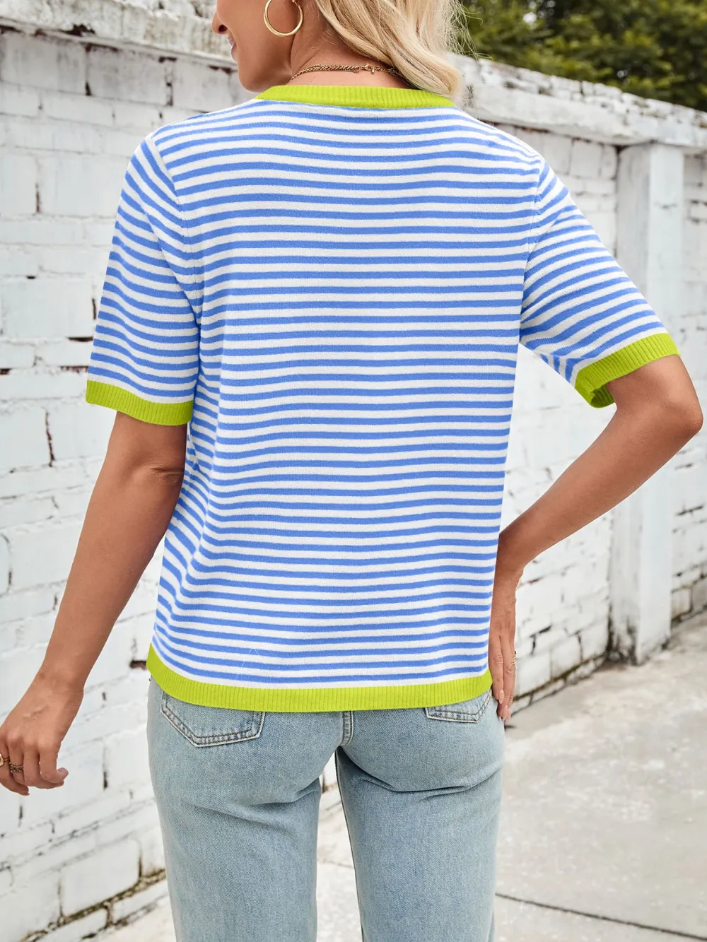 Striped Contrast Round Neck Half Sleeve Knit Top, image 30