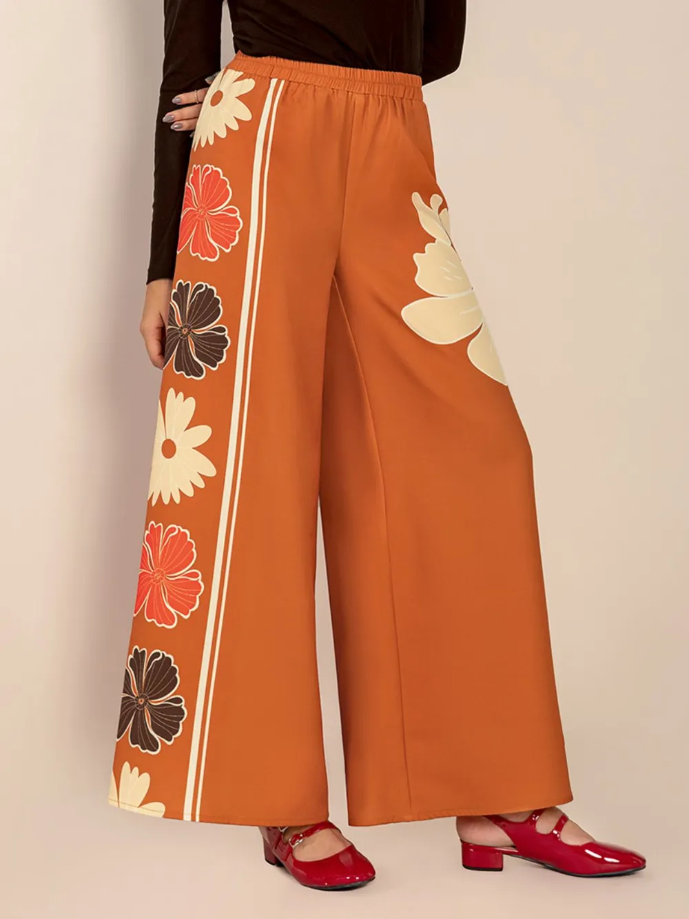 Printed Elastic Waist Wide Leg Pants, image 3