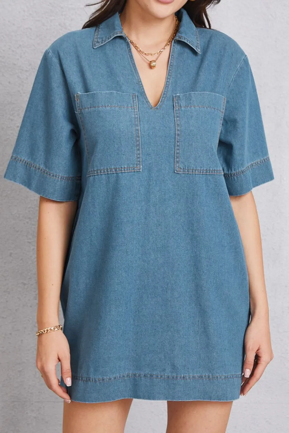 Pocketed Collared Neck Mini Denim Dress, image 2