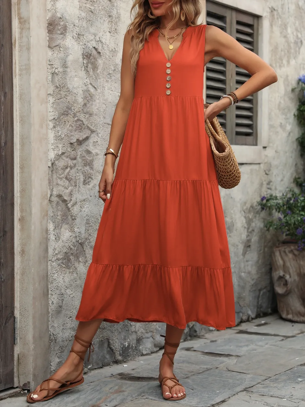 Decorative Button Notched Sleeveless Dress, image 5