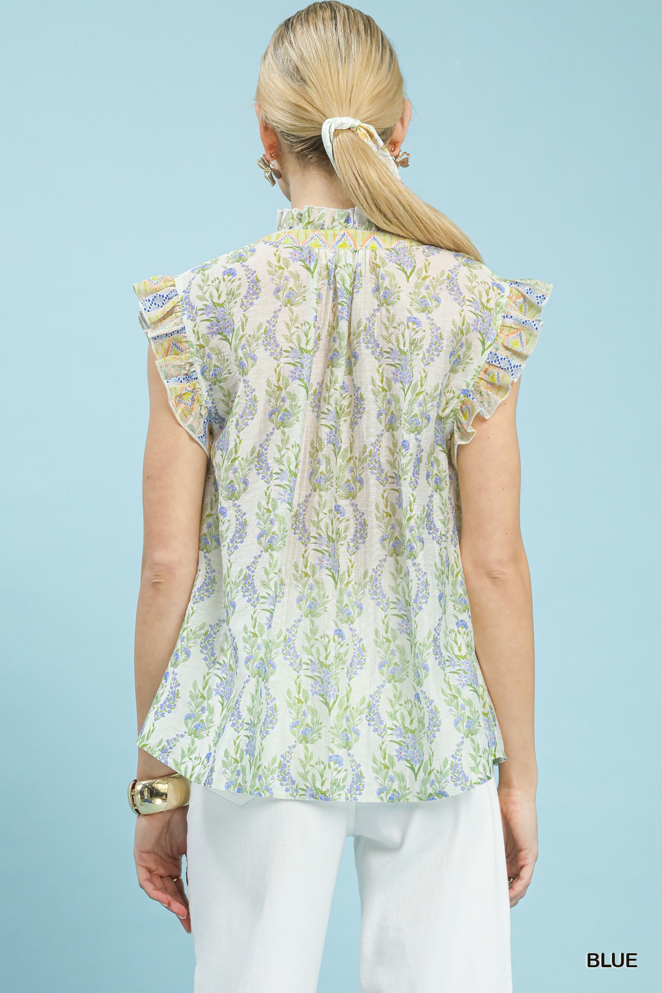 Floral Print Flutter Sleeve Split Neck Top, image 3