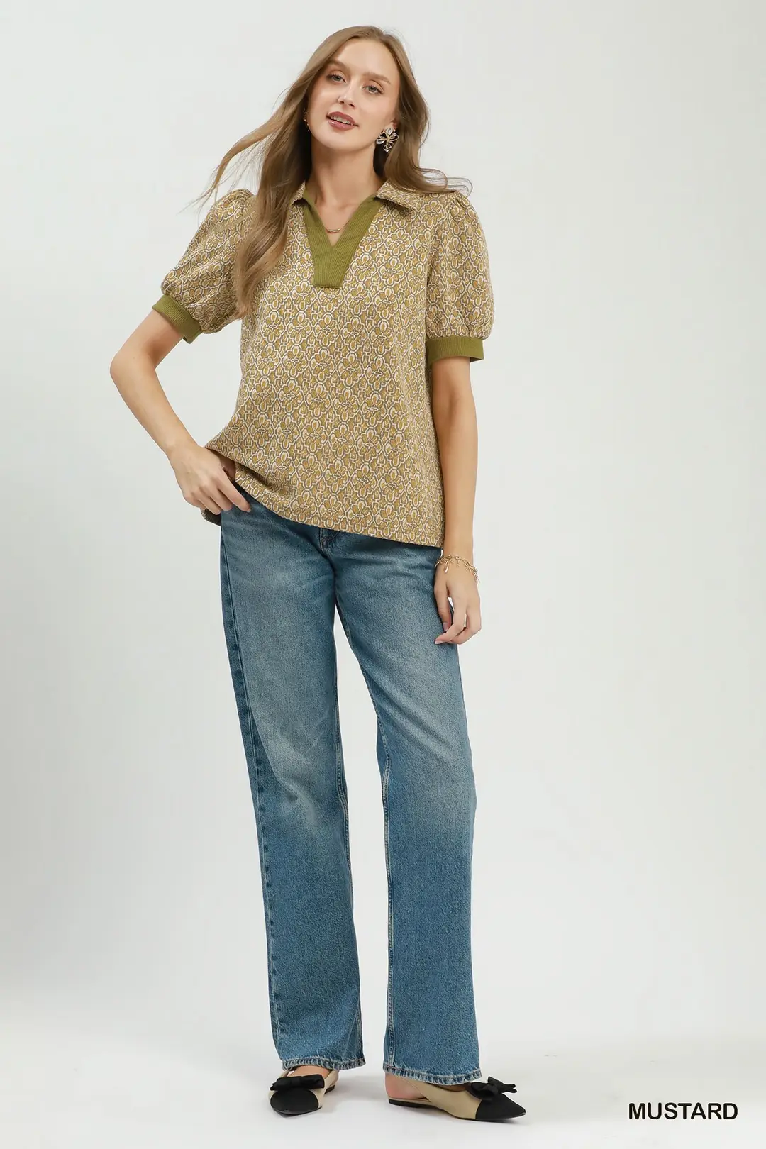 Printed Collared Puff Sleeve Top, image 5