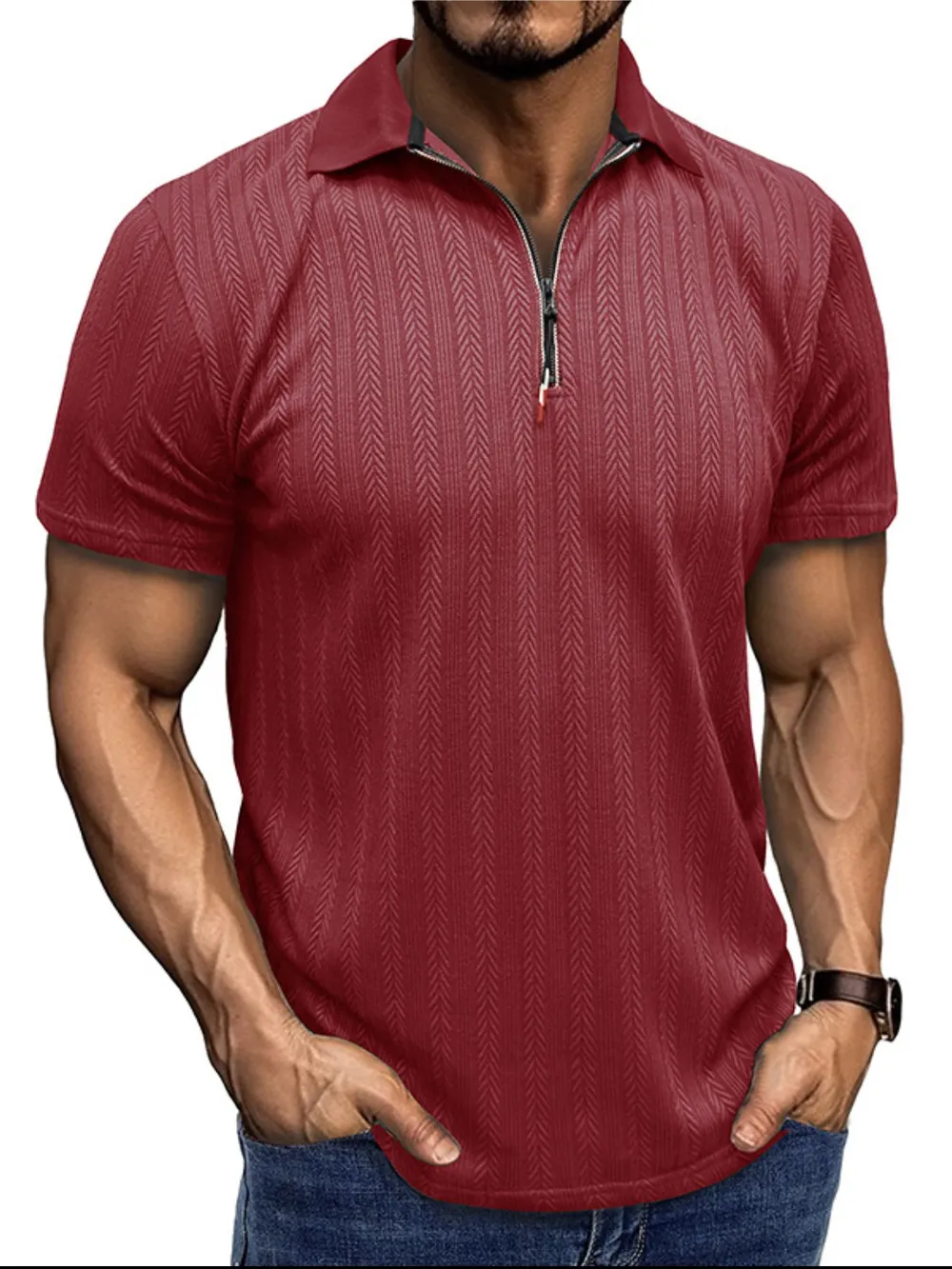 Men's Textured Quarter-Zip Polo Shirt, image 2
