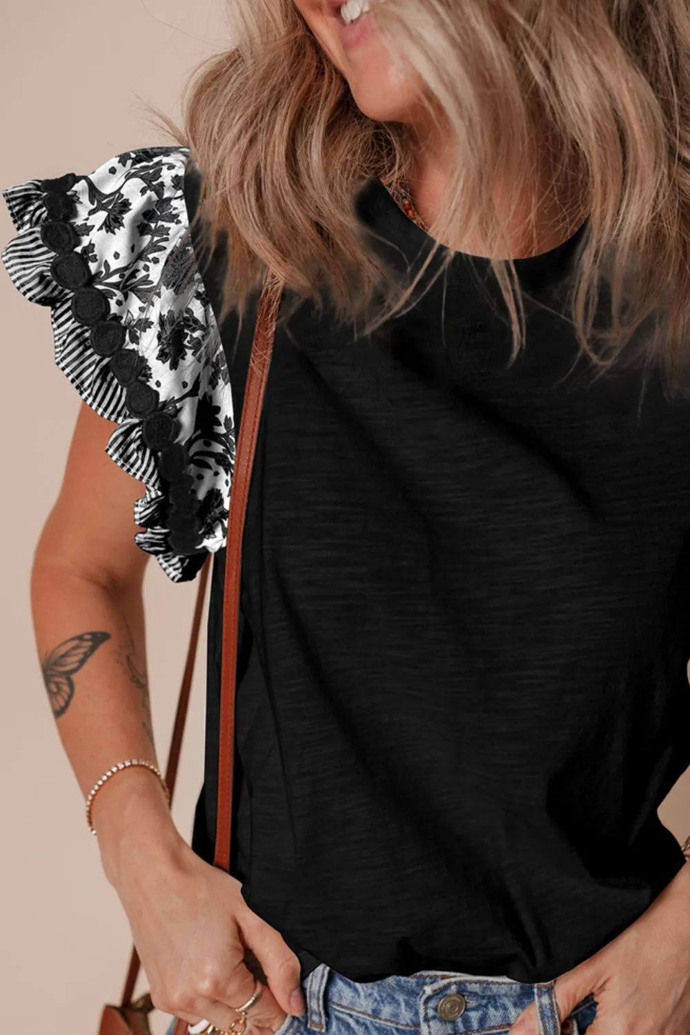 Round Neck Printed Ruffled Cap Sleeve Blouse, image 3