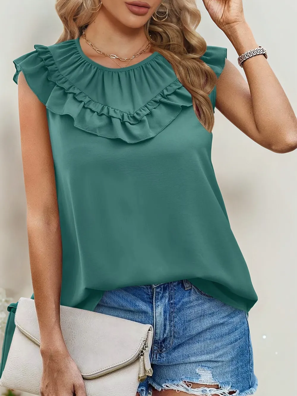 Ruffle Trim Round Neck Blouse, image 2