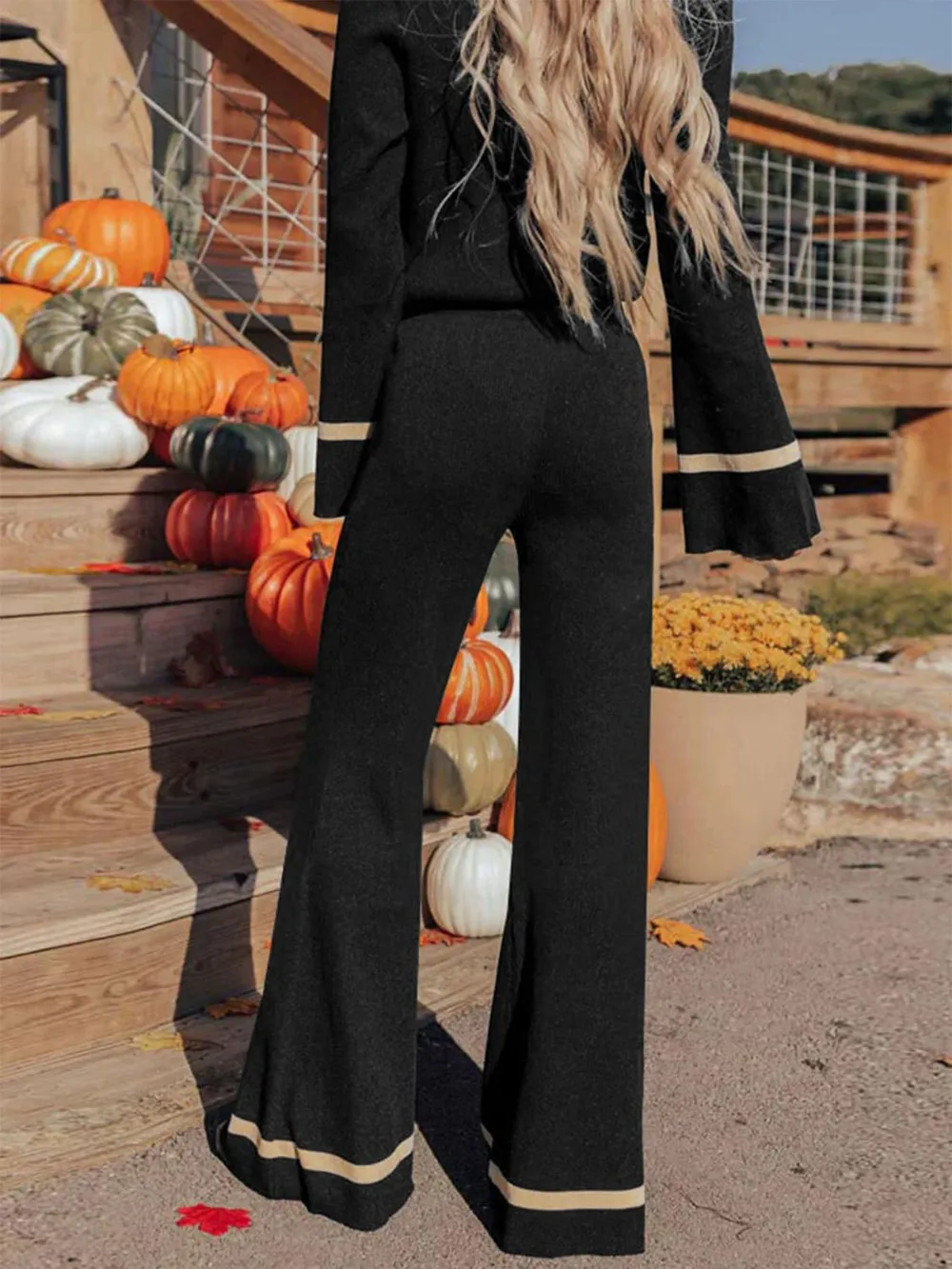 V-Neck Long Sleeve Top and Pants Set, image 2