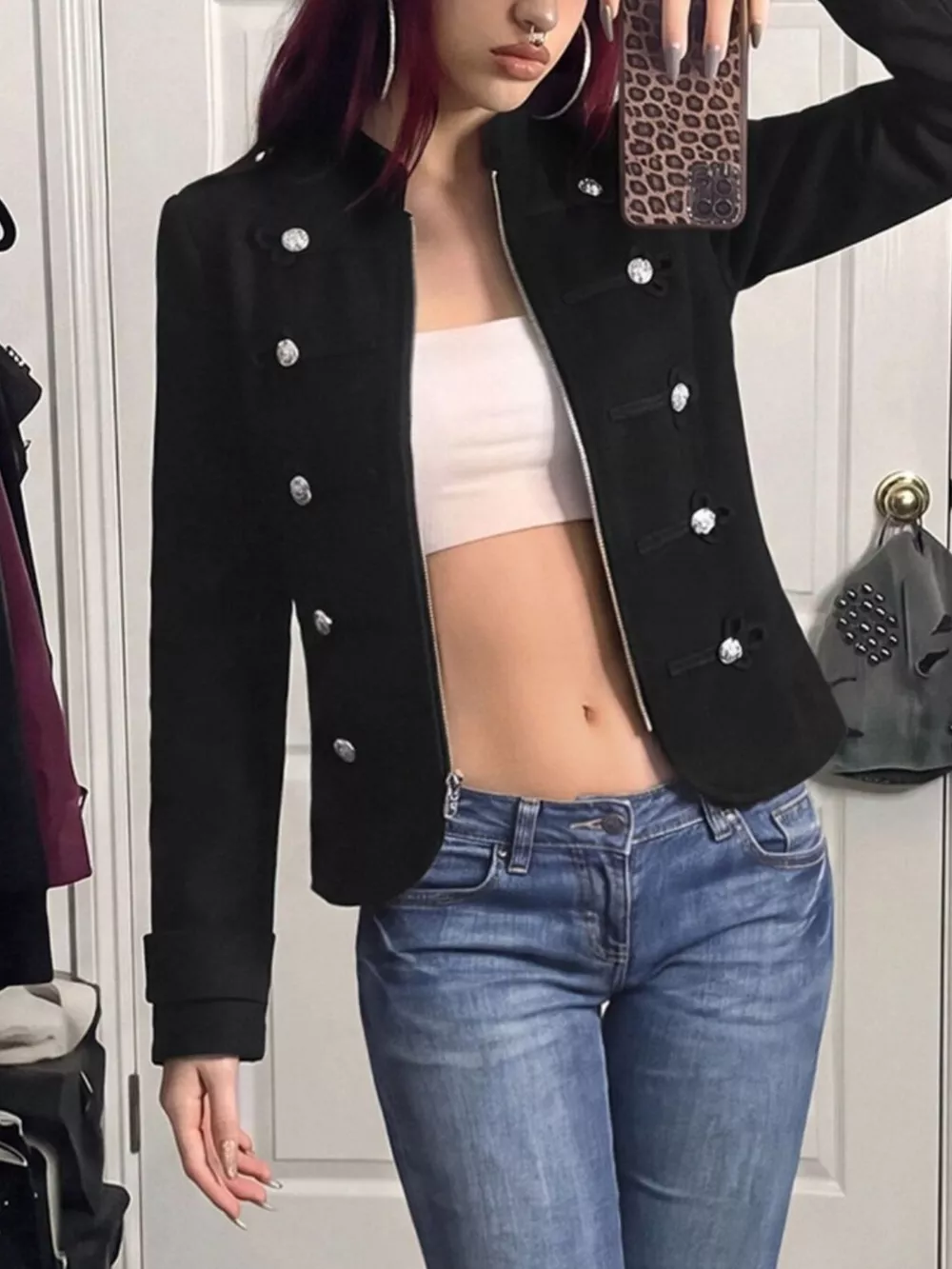Decorative Button Zip Up Outerwear, image 4
