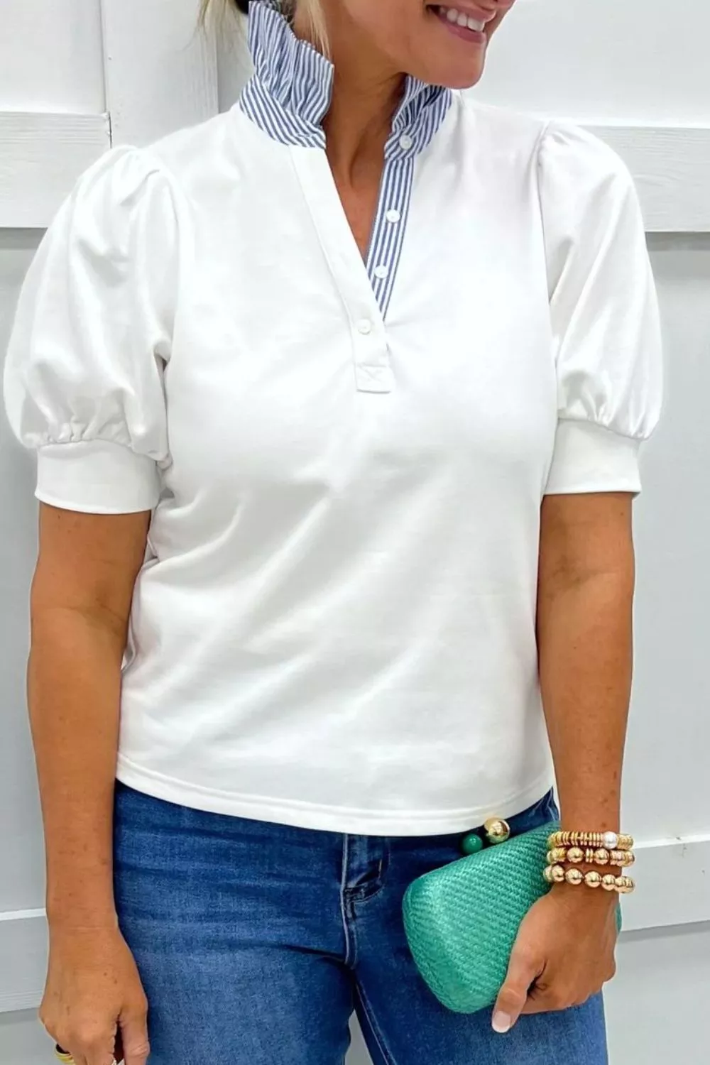 Striped Collar Puff Sleeve Blouse, image 5