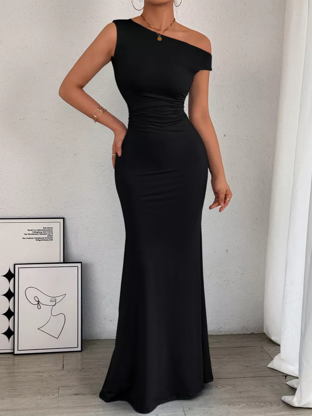 One-Shoulder Ruched Bodycon Maxi Dress, image 2
