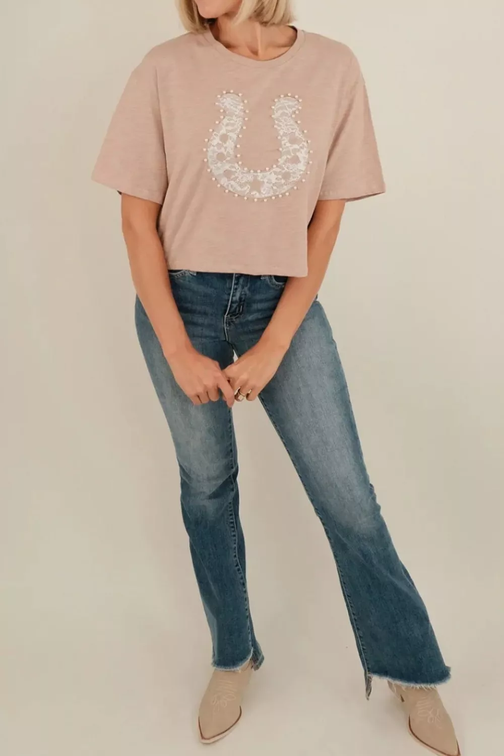 Horseshoe Lace Pearl Detail T-Shirt, image 3