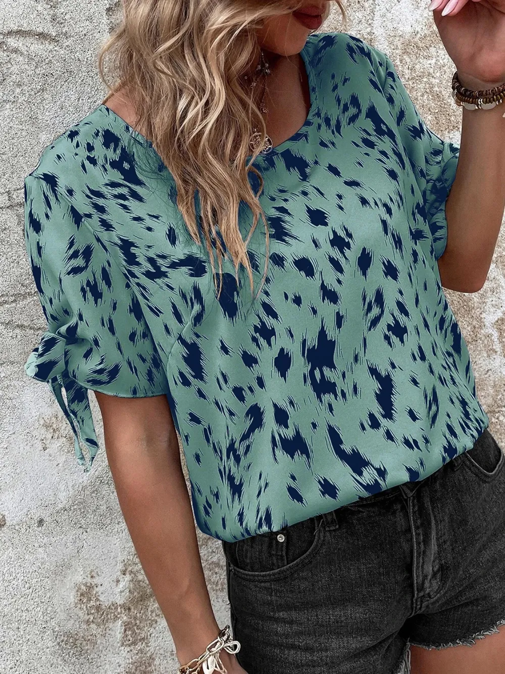 Tied Printed Boat Neck Blouse, image 6