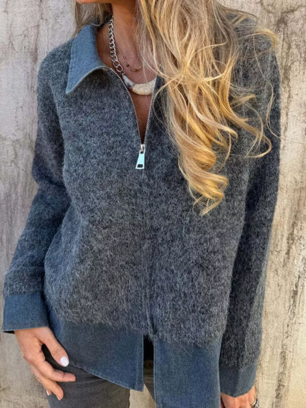 Contrast Denim Collar Half-Zip Knit Sweater, image 7