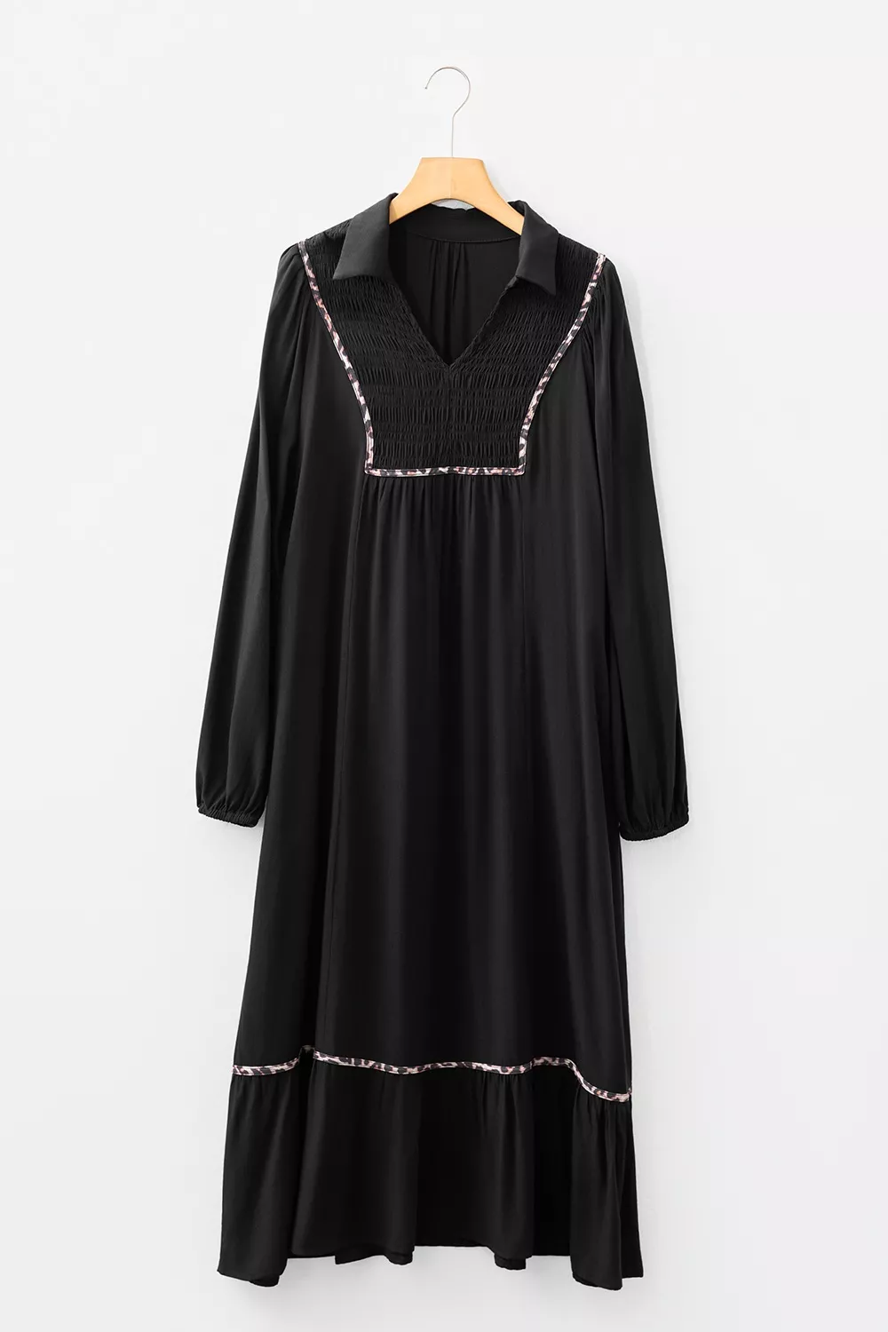 Collared V Neck Smocked Detail Contrast Leopard Trim Dress, image 4