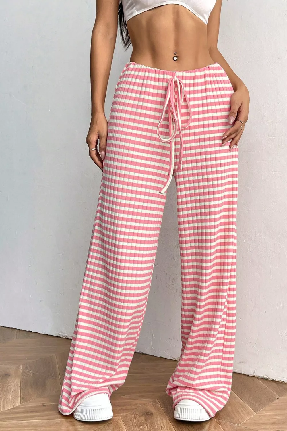 Ribbed Knit Drawstring Wide Leg Pants, image 4