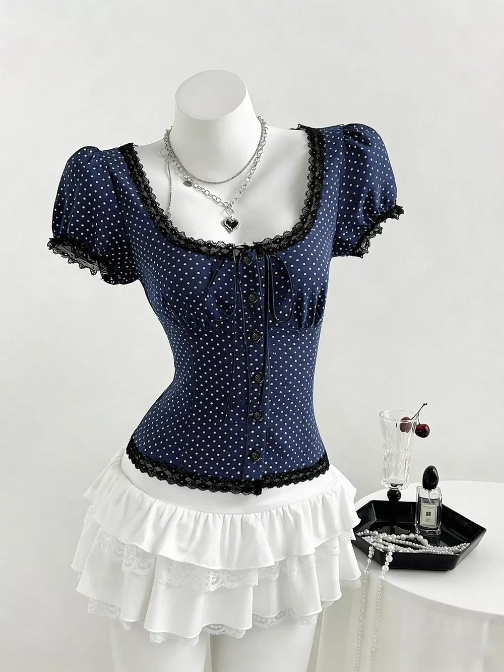 Polka Dot Lace Trim Puff Sleeve Top, image 8