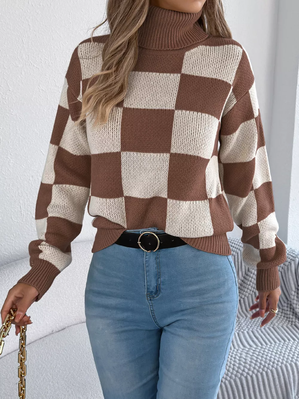 Checkered Turtleneck Long Sleeve Sweater, image 15