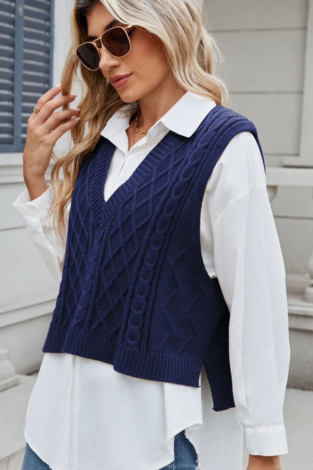 Cable-Knit V-Neck Sweater Vest, image 4