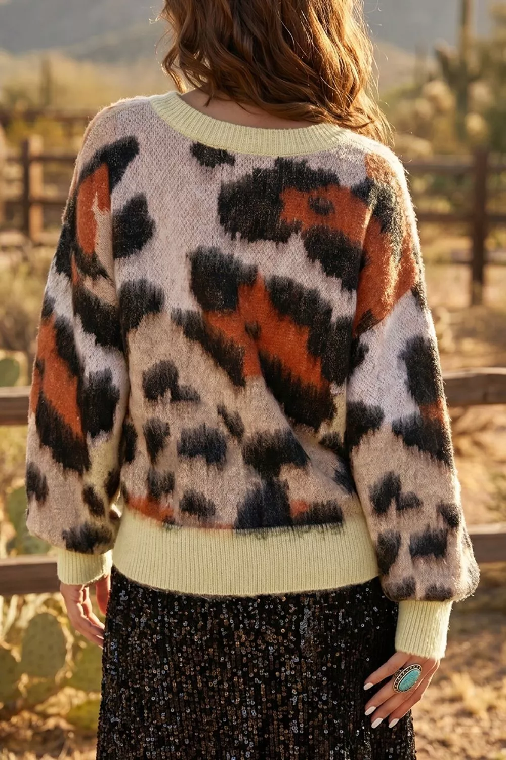 Leopard Print Drop Shoulder Long Sleeve Round Neck Sweater, image 2