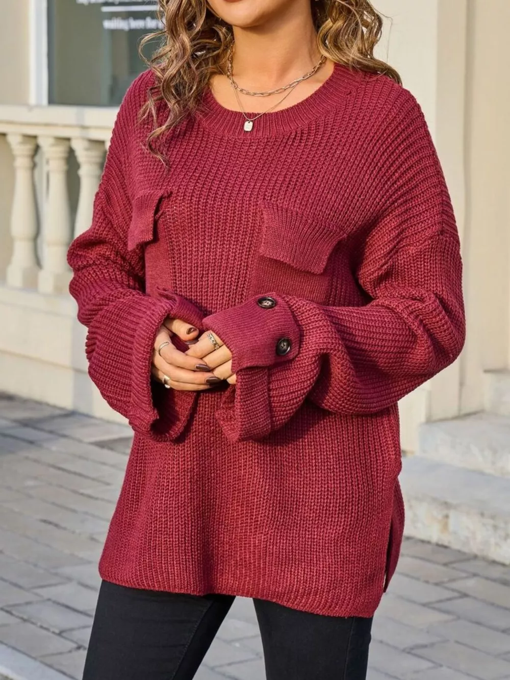 Pocket Detail Round Neck Sweater, image 21