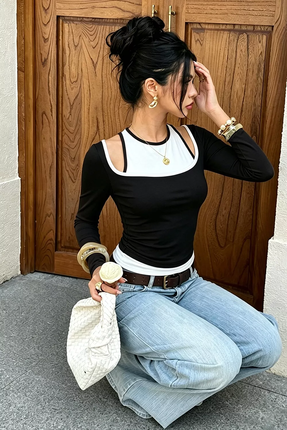 Color-Block Cutout Long Sleeve Slim Fit Top, image 11