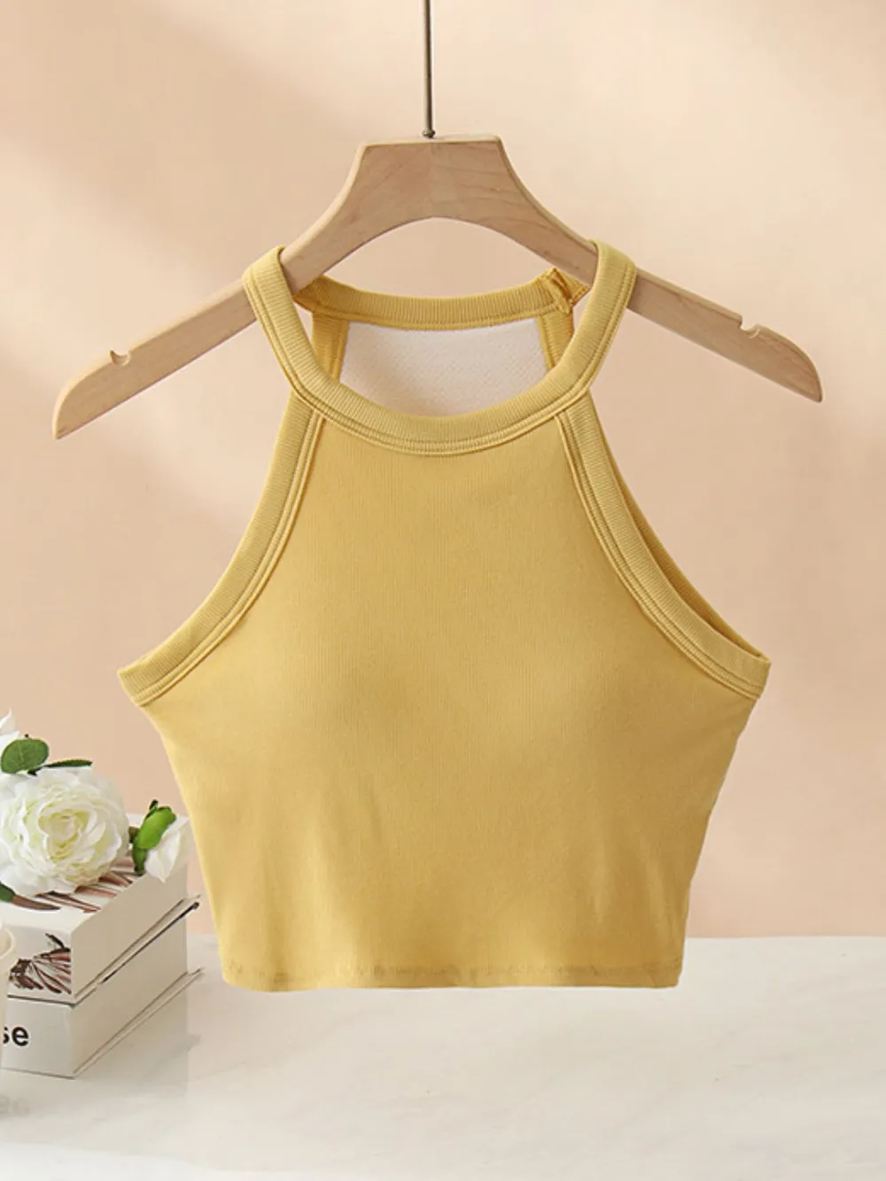 Ribbed Grecian Neck Cropped Tank with Chest Pads, image 4