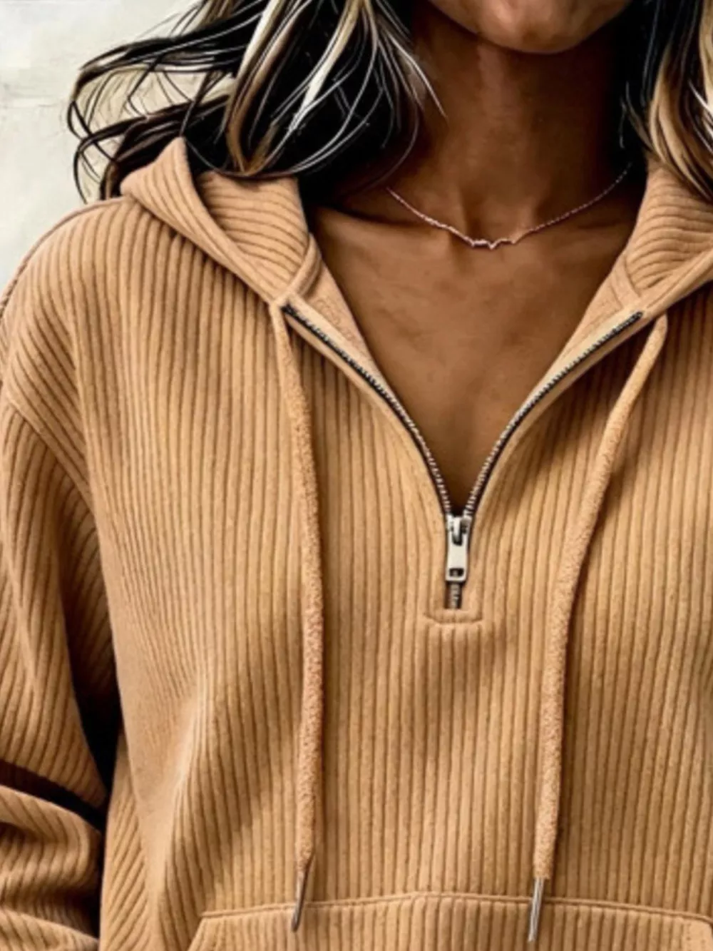 Ribbed Knit Quarter-Zip Hoodie, image 14