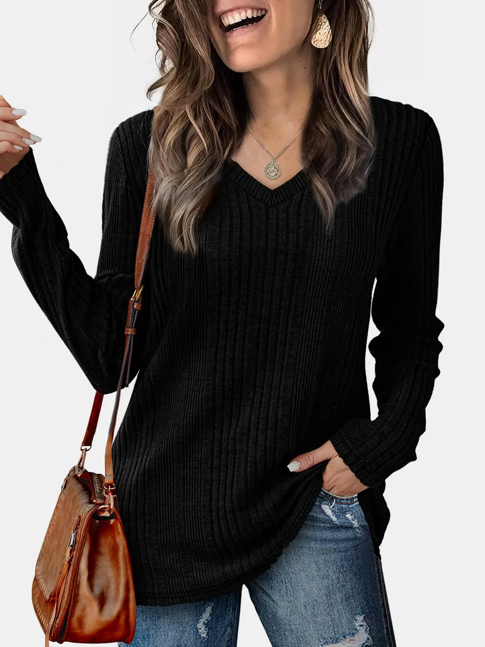 V-Neck Long Sleeve T-Shirt, image 19