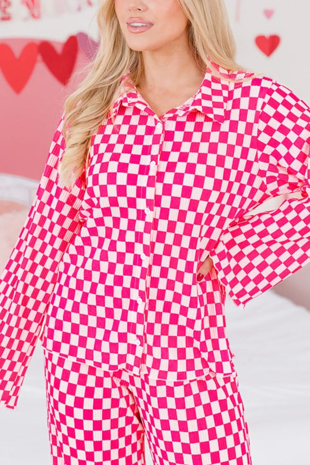 Checkerboard Print Long Sleeve Top and Pants Set, image 3