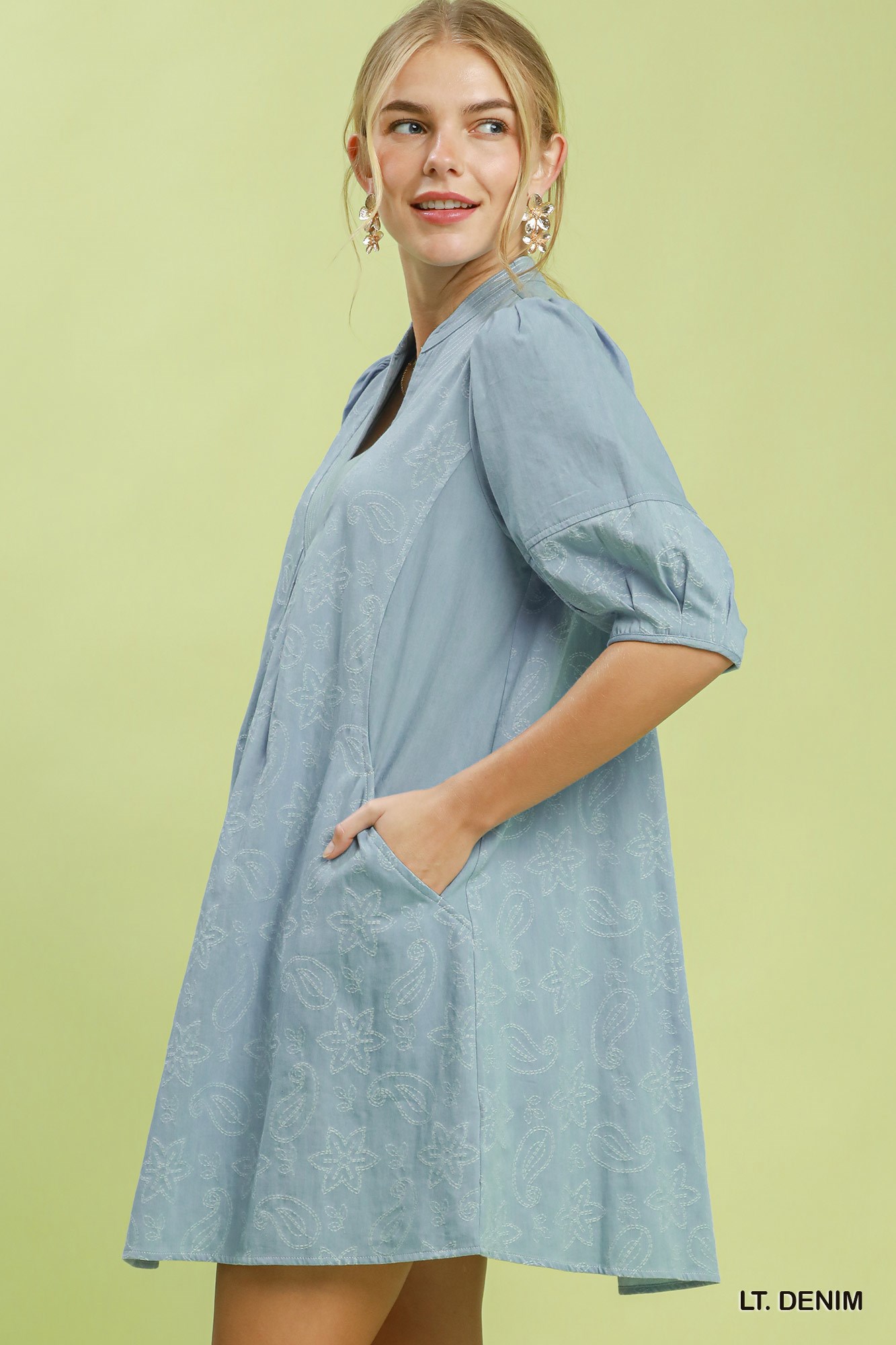 Print Denim Dress with Contrast Stitch, image 2