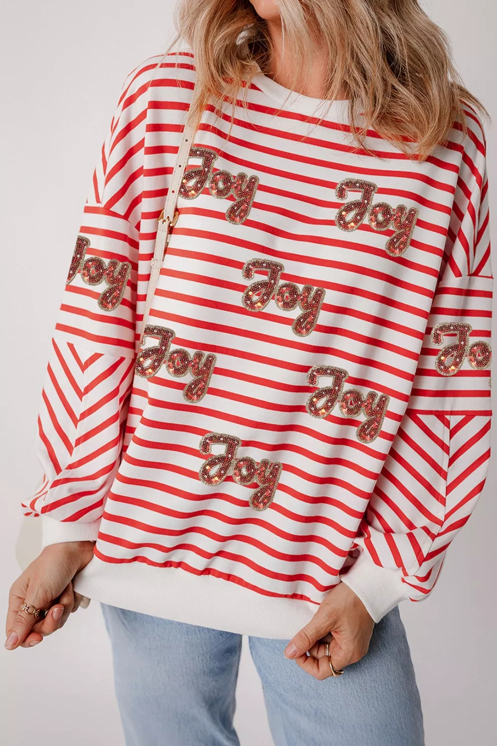 Stripe Sequined Joy Pattern Patchwork Sleeve Round Neck Sweatshirt, image 2