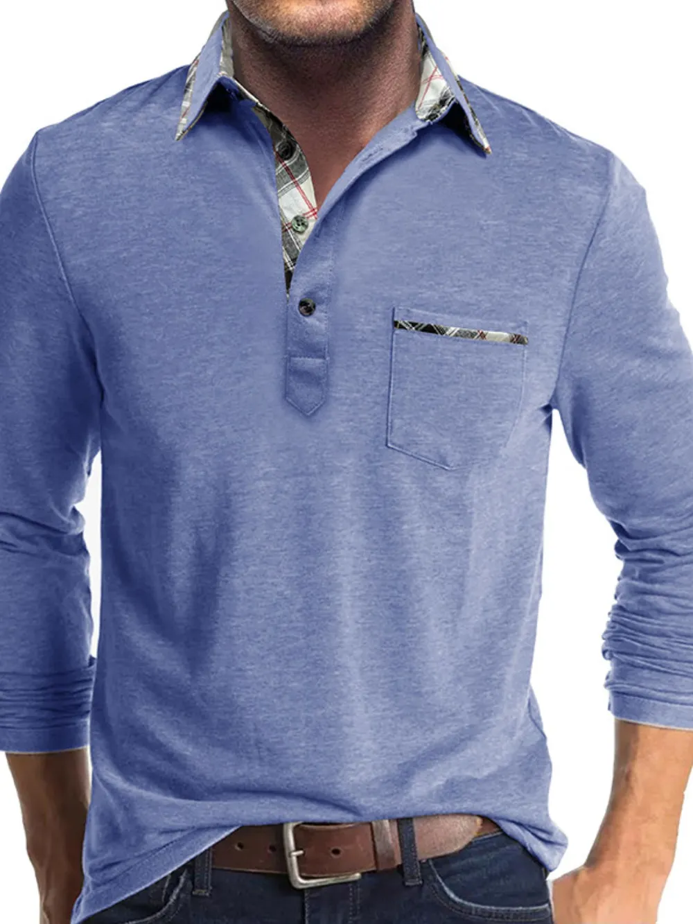 Men's Full Size Plaid Collar Neck Long Sleeve Polo Shirt Plus Size, image 12