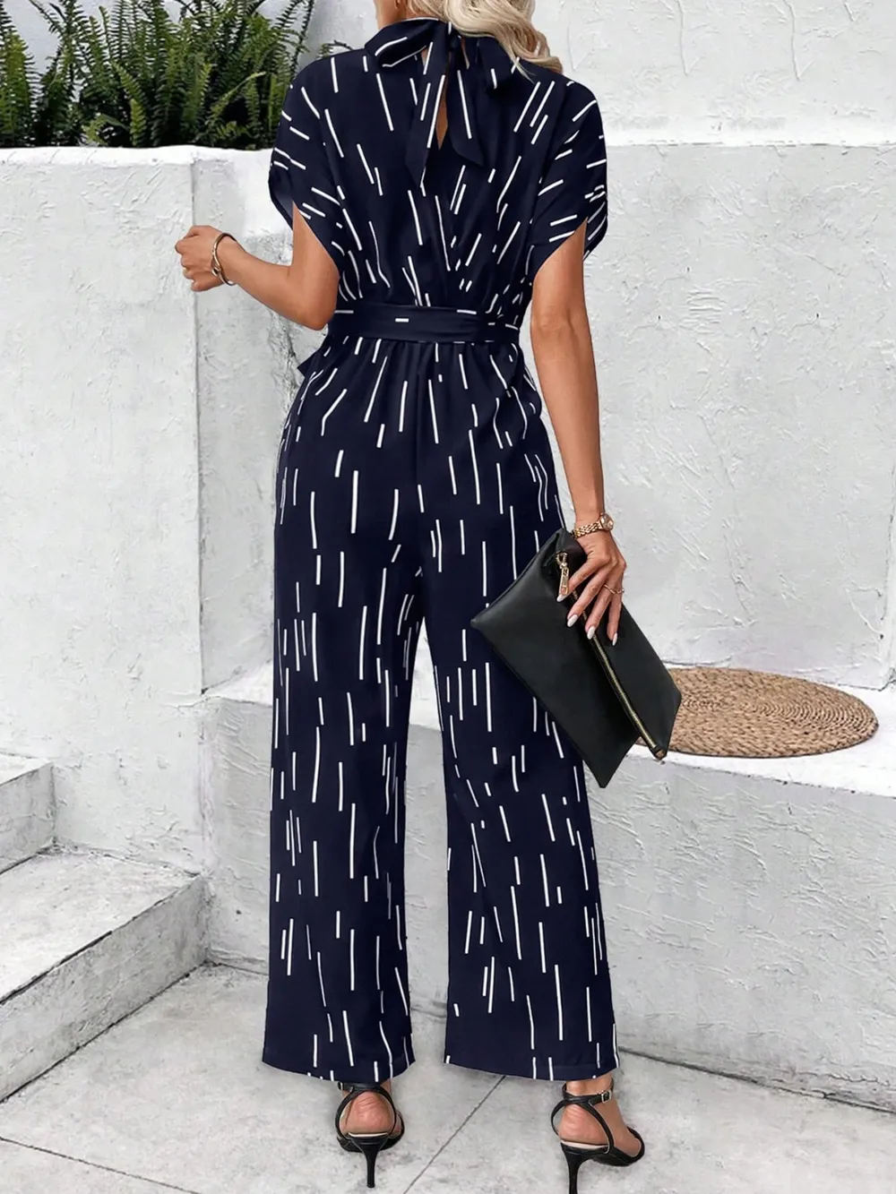 Tied Printed Mock Neck Wide Leg Jumpsuit, image 2