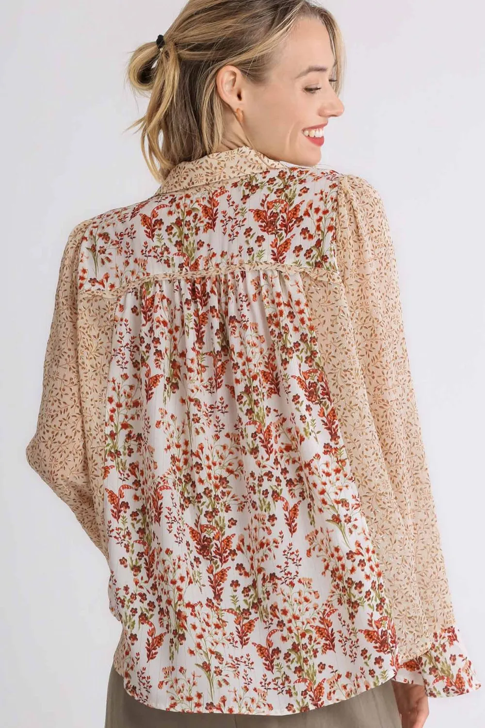 Full Size Mixed Print Metallic Detail Long Ruffle Sleeve Button Down Shirt Plus Size, image 2
