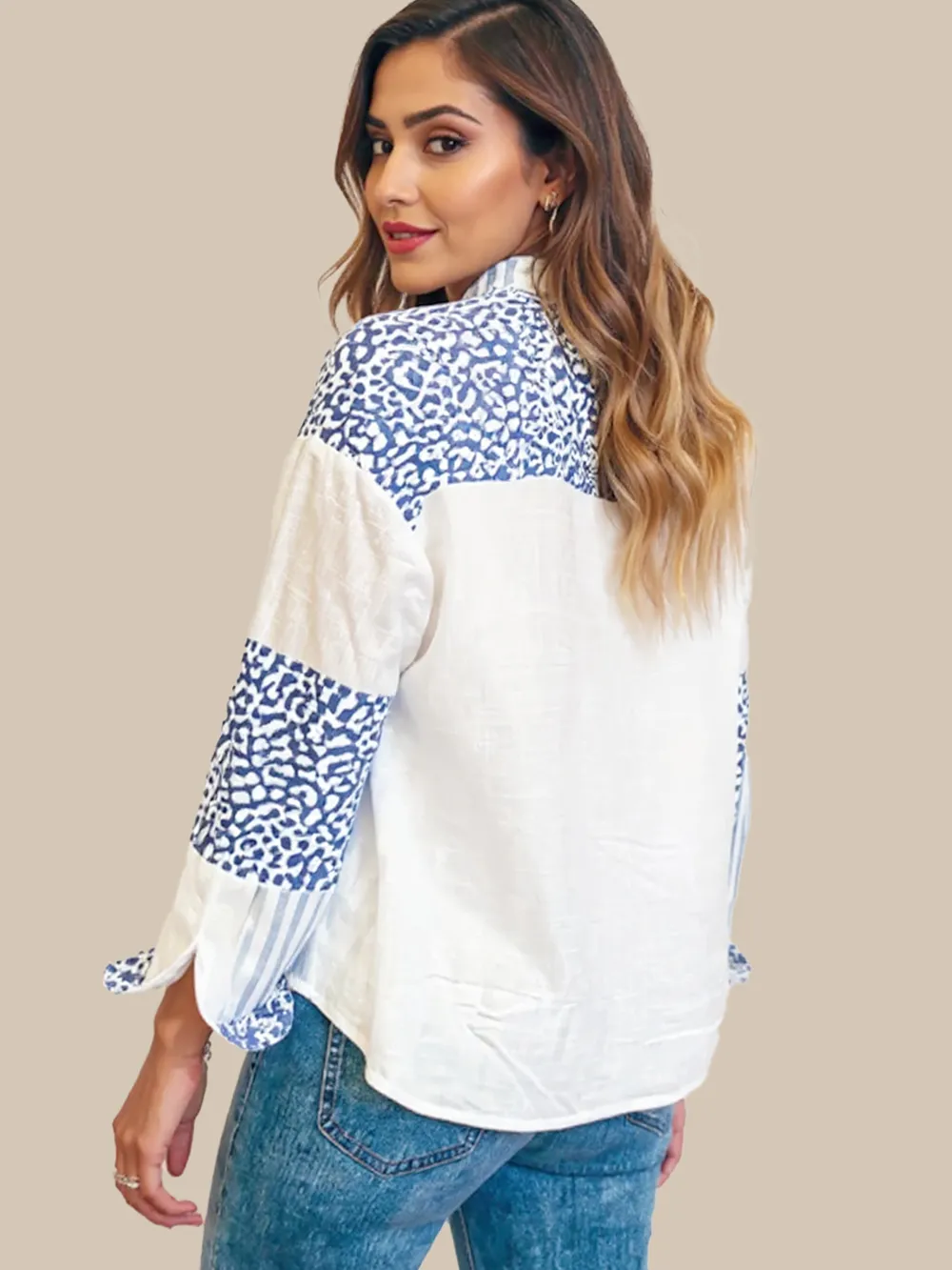 Striped Patchwork Button Down Shirt with Leopard Print Details, image 2
