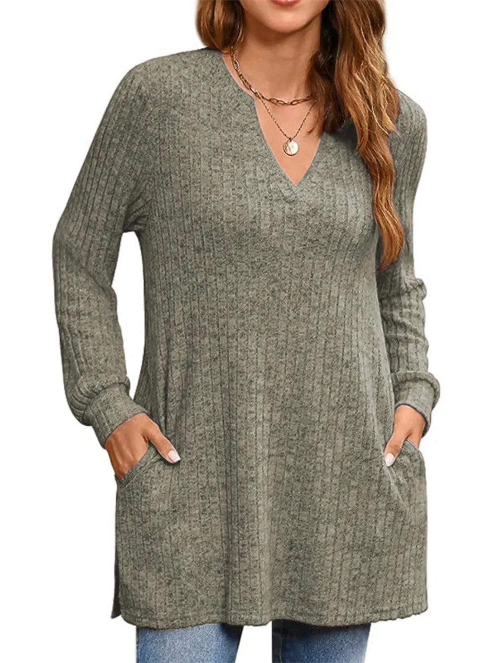 Ribbed Notched Long Sleeve T-Shirt, image 22