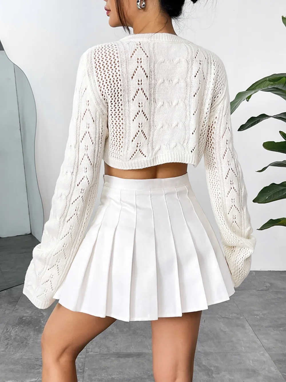 Openwork Round Neck Knit Top, image 2