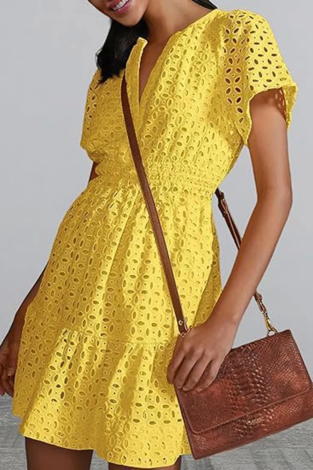 Eyelet Notched Short Sleeve Mini Dress, image 4
